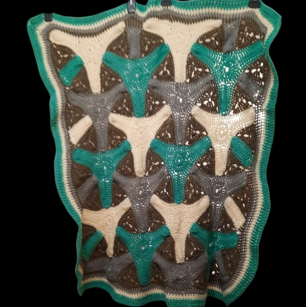 Handmade Crochet in Blue Green, Gray, and Cream 42x36 Throw